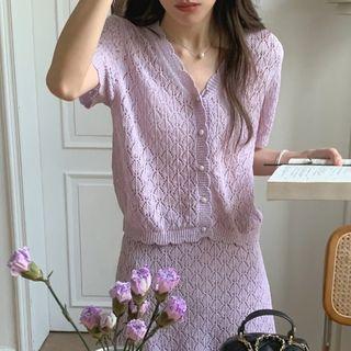 Set: Short-sleeve Perforated Knit Top + Skirt