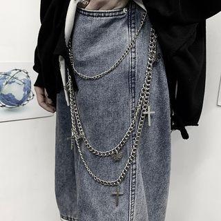 Set: Cross Butterfly Alloy Necklace + Waist Chain Silver - One Size