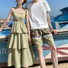 Couple Matching Dotted Spaghetti Strap Midi Tiered Dress / Short-sleeve T-shirt / Shorts