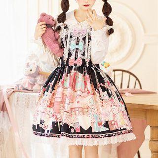 Lace Trim Printed Overall Dress