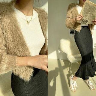 Single-button Fluffy Cropped Cardigan Beige - One Size