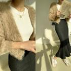 Single-button Fluffy Cropped Cardigan Beige - One Size