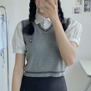 Mock Two-piece Short-sleeve Knit Panel Shirt