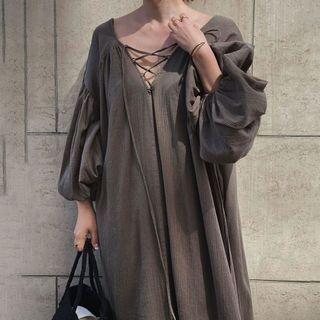 Puff-sleeve Tie-strap Maxi A-line Dress Dark Brown - One Size
