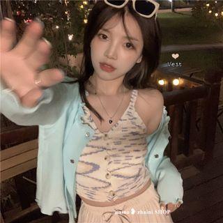 Button-up Knit Cropped Camisole Top / Lettuce Edge Cardigan