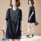 Mandarin Collar Elbow Sleeve Patterned Panel Shift Dress