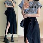 Side-slit Frayed Denim Midi Pencil Skirt / Short-sleeve Lettering T-shirt / Set