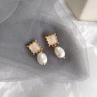 Faux Pearl Dangle Earring 1 Pair - S925 Silver Stud Earrings - Gold & White - One Size