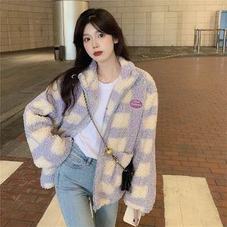 Plaid Fleece Zipped Jacket As Shown In Figure - One Size