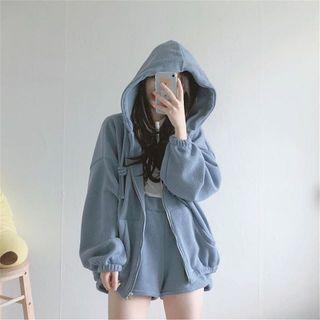 Set: Plain Zip-up Hoodie + Sweatshorts Set Of 2 - Hoodie & Sweatshorts - Blue - One Size