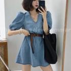 Short-sleeve A-line Denim Dress Blue - One Size