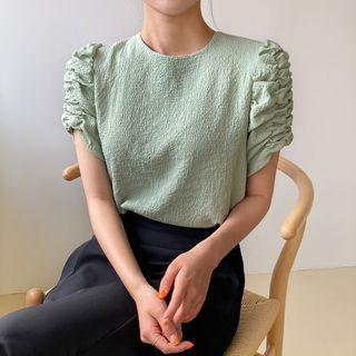 Shirred-sleeve Textured Top Mint Green - One Size
