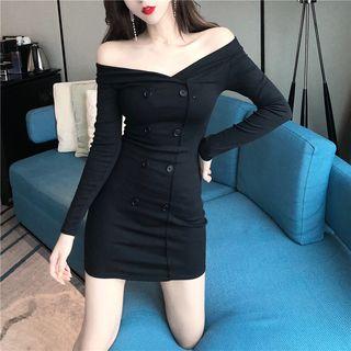 Off-shoulder Long-sleeve Button-detail Mini Bodycon Dress