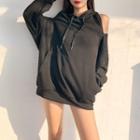 Zip-shoulder Plain Hooded Sweatshirt