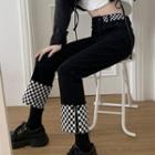 Checkerboard Panel Cropped Straight Leg Jeans
