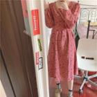 Long-sleeve Flower Print Midi A-line Dress Pink - One Size