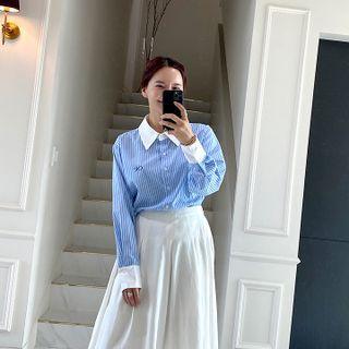 Contrast-collar Stripe Shirt Sky Blue - One Size