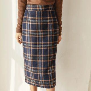 Wool Blend Plaid H-line Midi Skirt