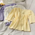 Puff-sleeve Button-down Light Knit Top