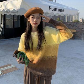 Long-sleeve Furry Color-block Sweater Yellow & Brown - One Size