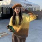 Long-sleeve Furry Color-block Sweater Yellow & Brown - One Size
