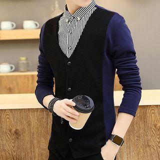 Mock Two Piece Striped Collared Long Sleeve Top
