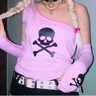Set: One-shoulder Skull Print Tank Top + Fingerless Gloves