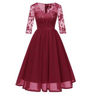 Elbow-sleeve Embroidered Mesh A-line Midi Dress