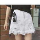 Distressed Fray Hem Mini Denim Skirt