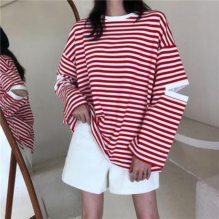 Striped Cut-out Long-sleeve Oversize T-shirt