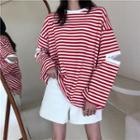 Striped Cut-out Long-sleeve Oversize T-shirt