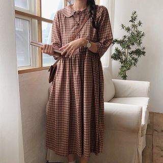 Long-sleeve Plaid Midi A-line Dress / Button Cardigan
