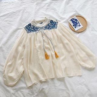 Flower Embroidered Puff-sleeve Lace-up Blouse