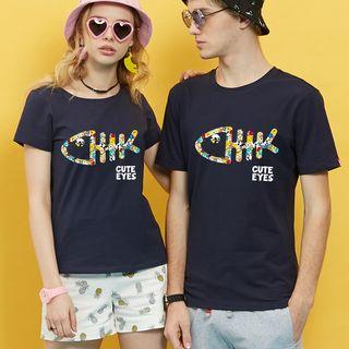 Couple Short-sleeve Cartoon Print Lettering Crewneck T-shirt