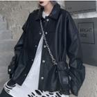 Set: Faux Leather Buttoned Jacket + Chain Strap Crossbody Bag