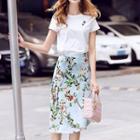 Set: Short-sleeve T-shirt + Floral A-line Midi Dress