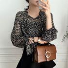 Bell-sleeve Long-sleeved Floral Print Loose-fit Chiffon Sheath Blouse