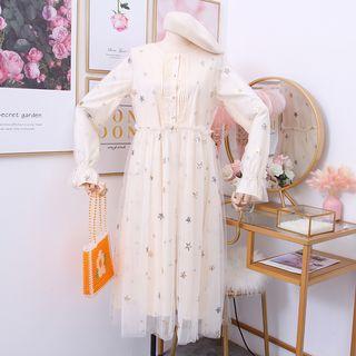 Star-sequined A-line Dress With Mesh-overlay Almond - One Size