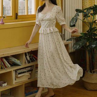 Balloon-sleeve Floral Print Ruffled Midi A-line Dress