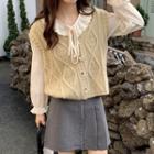 Bell-sleeve Ruffled Blouse / Single-breasted Cable Knit Sweater Vest / Set