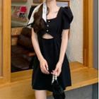 Short-sleeve Cutout A-line Mini Dress Black - One Size