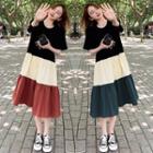 Elbow-sleeve Color Block Midi Smock Dress