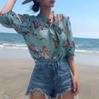 Puff Elbow Sleeve Tie-neck Floral Blouse