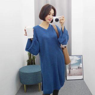 Slit-hem Knit Dress With Sash