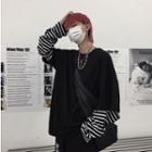 Mock Two-piece Long-sleeve Striped Panel T-shirt Black - One Size