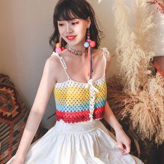 Color Block Crochet Cropped Camisole Top Red & Yellow & Blue - One Size