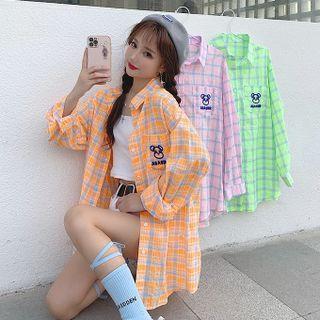 Long-sleeve Bear Print Plaid Shirt