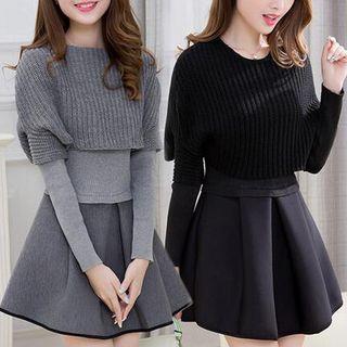 Set: Long-sleeve A-line Dress + Short-sleeve Cropped Knit Top