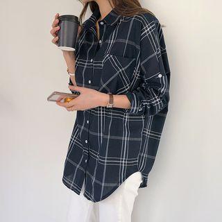 Tab-sleeve Loose-fit Check Shirt Navy Blue - One Size