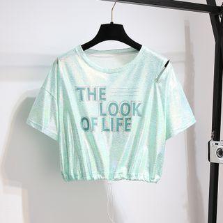 Short-sleeve Round-neck Cropped Drawstring Print Top